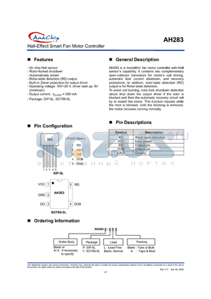 AH283 datasheet - HALL-EFFECT SMART FAN MOTOR CONTROLLER