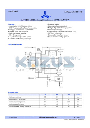 AS7C33128NTF18B-10TQIN datasheet - 3.3V 128K x 18 Flowthrough Synchronous SRAM with NTD