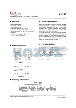 AH283Z-PL datasheet - HALL-EFFECT SMART FAN MOTOR CONTROLLER
