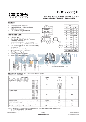 DDC124EU datasheet - NPN PRE-BIASED SMALL SIGNAL SOT-363 DUAL SURFACE MOUNT TRANSISTOR