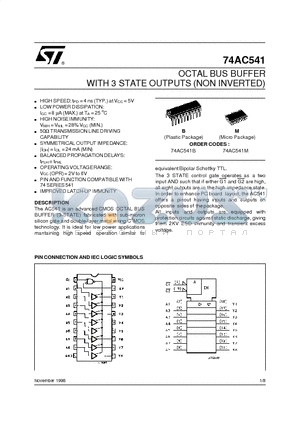 74AC541TTR datasheet - OCTAL BUS BUFFER WITH 3 STATE OUTPUTS (NON INVERTED)