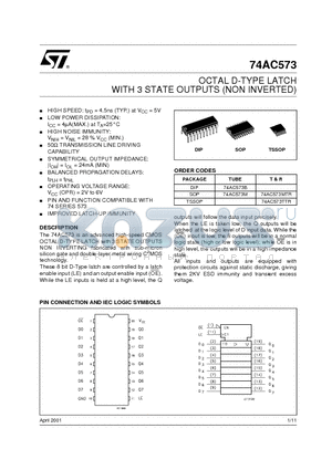 74AC573 datasheet - OCTAL D-TYPE LATCH WITH 3 STATE OUTPUT NON INVERTING