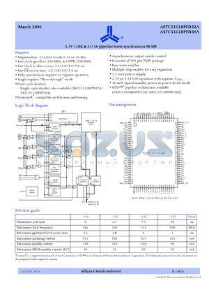 AS7C33128PFD32A datasheet - 3.3V 128K X 32/36 pipeline burst synchronous SRAM