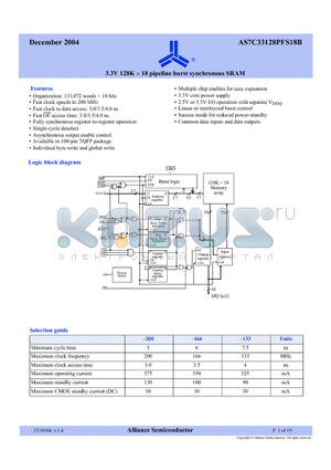 AS7C33128PFS18B-166TQCN datasheet - 3.3V 128K x 18 pipeline burst synchronous SRAM