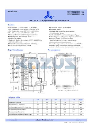 AS7C33128PFS32A-183TQC datasheet - 3.3V 128K X 32/36 pipeline burst synchronous SRAM