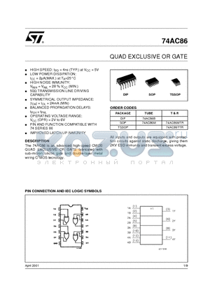 74AC86MTR datasheet - QUAD EXCLUSIVE OR GATE