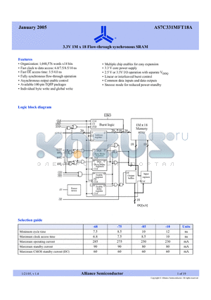AS7C331FT18A datasheet - 3.3V 1M x 18 Flow-through synchronous SRAM