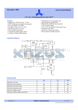 AS7C331MNTD18A-133TQIN datasheet - 3.3V 1M x 18 Pipelined SRAM with NTD