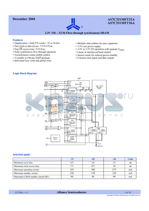 AS7C331MFT36A-75TQIN datasheet - 3.3V 1M x 32/36 Flow-through synchronous SRAM