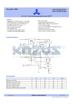 AS7C331MNTF32A-10TQCN datasheet - 3.3V 1M x 32/36 Flowthrough SRAM with NTD