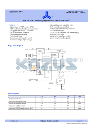 AS7C331MNTF18A datasheet - 3.3V 1M x 18 Flowthrough Synchronous SRAM with NTD