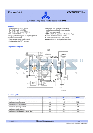 AS7C331MPFD18A-166TQI datasheet - 3.3V 1M x 18 pipelined burst synchronous SRAM
