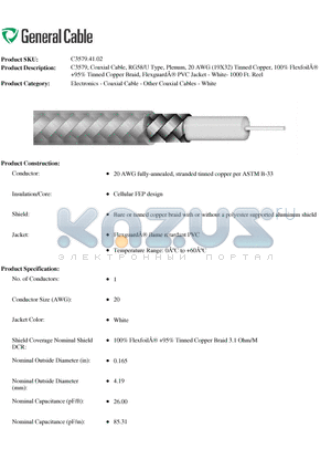 C35794102 datasheet - C3579, Coaxial Cable, RG58/U Type, Plenum, 20 AWG (19X32) Tinned Copper