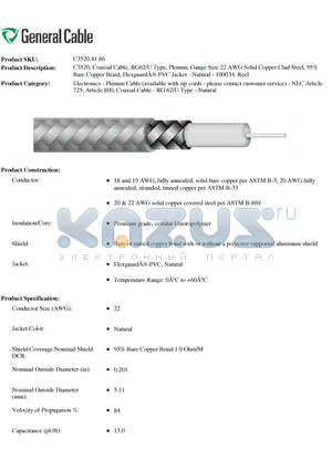 C3520.41.86 datasheet - C3520, Coaxial Cable, RG62/U Type, Plenum, Gauge Size 22 AWG Solid Copper Clad Steel
