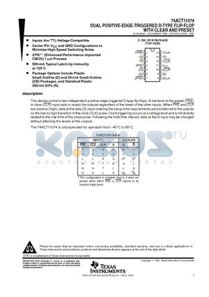 74ACT11074DB datasheet - DUAL POSITIVE-EDGE-TRIGGERED D-TYPE FLIP-FLOP WITH CLEAR AND PRESET