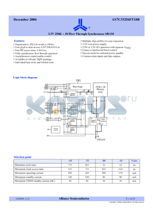 AS7C33256FT18B-80TQI datasheet - 3.3V 256K x 18 Flow Through Synchronous SRAM