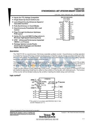 74ACT11191 datasheet - SYNCHRONOUS 4-BIT UP/DOWN BINARY COUNTER