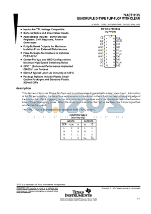 74ACT11175 datasheet - QUADRUPLE D-TYPE FLIP-FLOP WITH CLEAR