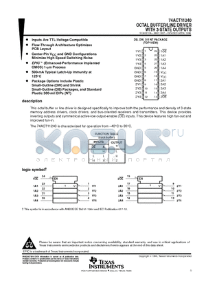 74ACT11240NT datasheet - OCTAL BUFFER/LINE DRIVER WITH 3-STATE OUTPUTS