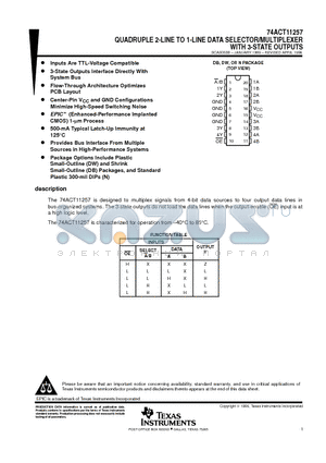 74ACT11257DWRG4 datasheet - QUADRUPLE 2-LINE TO 1-LINE DATA SELECTOR/MULTIPLEXER WITH 3-STATE OUTPUTS