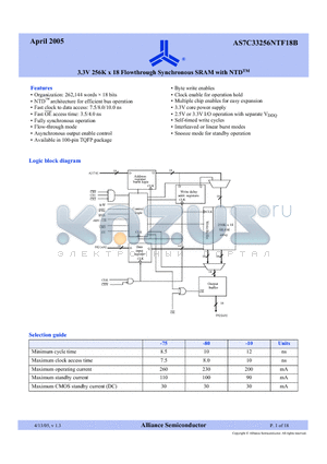 AS7C33256NTF18B-80TQCN datasheet - 3.3V 256K x 18 Flowthrough Synchronous SRAM with NTD