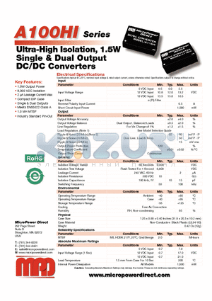 A102HI datasheet - Ultra-High Isolation, 1.5W Single & Dual Output DC/DC Converters