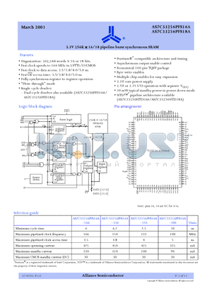 AS7C33256PFS16A-150TQI datasheet - 3.3V 256K  16/18 pipeline burst synchronous SRAM