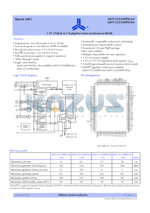 AS7C33256PFS18A-100TQC datasheet - 3.3V 256K  16/18 pipeline burst synchronous SRAM