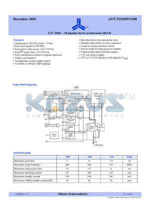 AS7C33256PFS18B-133TQC datasheet - 3.3V 256K X 18 pipeline burst synchronous SRAM