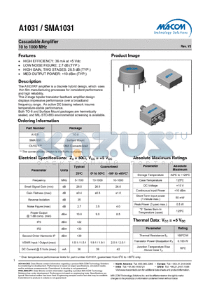 A1031 datasheet - Cascadable Amplifier 10 to 1000 MHz