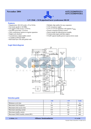 AS7C33256PFS36A-133TQC datasheet - 3.3V 256K x 32/36 pipelined burst synchronous SRAM