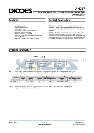 AH287 datasheet - HIGH VOLTAGE HALL-EFFECT SMART FAN MOTOR CONTROLLER