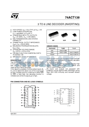 74ACT138 datasheet - 3 TO 8 LINE DECODER INVERTING