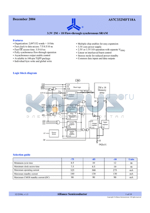 AS7C332MFT18A datasheet - 3.3V 2M x 18 Flow-through synchronous SRAM