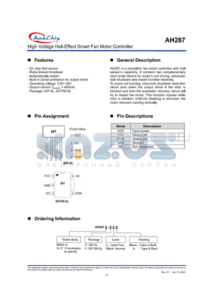 AH287-PLA datasheet - High Voltage Hall-Effect Smart Fan Motor Controller