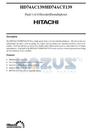 74ACT139 datasheet - Dual 1-of-4 Decoder/Demultiplexer