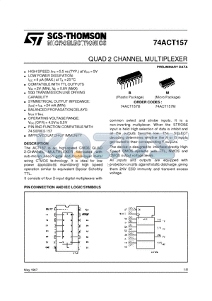 74ACT157 datasheet - QUAD 2 CHANNEL MULTIPLEXER