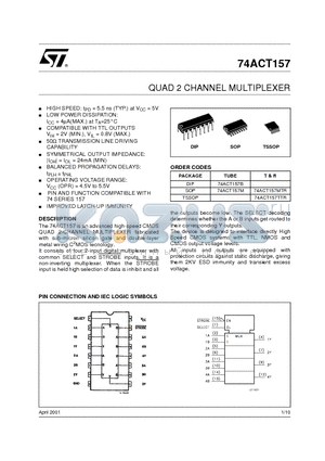 74ACT157M datasheet - QUAD 2 CHANNEL MULTIPLEXER