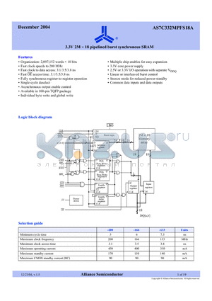 AS7C332MPFS18A-200TQCN datasheet - 3.3V 2M x 18 pipelined burst synchronous SRAM