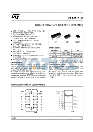 74ACT158 datasheet - QUAD 2 CHANNEL MULTIPLEXER (INV.)