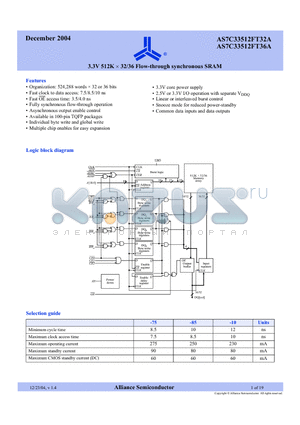 AS7C33512FT32A-10TQIN datasheet - 3.3V 512K x 32/36 Flow-through synchronous SRAM