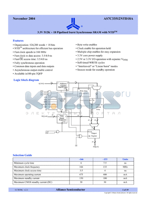 AS7C33512NTD18A-133TQIN datasheet - 3.3V 512K x 18 Pipelined burst Synchronous SRAM with NTD