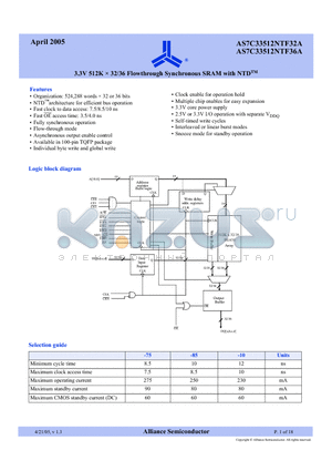 AS7C33512NTF32A-10TQI datasheet - 3.3V 512K x 32/36 Flowthrough Synchronous SRAM with NTD