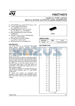 74ACT16373TTR datasheet - 16-BIT D-TYPE LATCH WITH 3-STATE OUTPUTS (NON INVERTED)