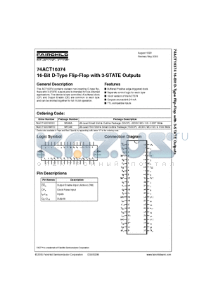 74ACT16374SSC datasheet - 16-Bit D-Type Flip-Flop with 3-STATE Outputs