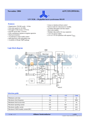 AS7C33512PFD18A-133TQC datasheet - 3.3V 512K x 18 pipeline burst synchronous SRAM