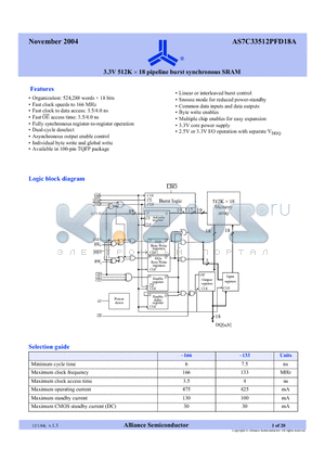 AS7C33512PFD18A-166TQC datasheet - 3.3V 512K x 18 pipeline burst synchronous SRAM