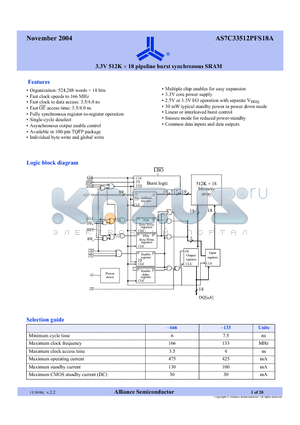 AS7C33512PFS18A-166TQC datasheet - 3.3V 512K x 18 pipeline burst synchronous SRAM