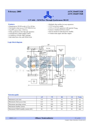 AS7C3364FT32B-80TQI datasheet - 3.3V 64K x 32/36 Flow Through Synchronous SRAM