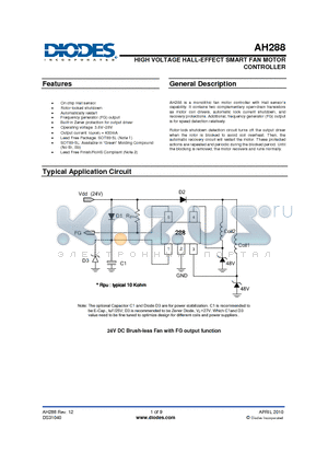 AH288-YG-13 datasheet - HIGH VOLTAGE HALL-EFFECT SMART FAN MOTOR